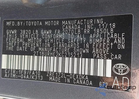 2019 Toyota Corolla L из США, поврежденный, VIN 2T1BURHE2KC215213